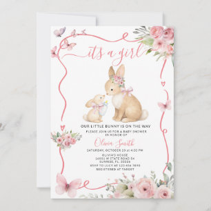 It's a Girl Bunny Baby Shower Pink Floral Invitation