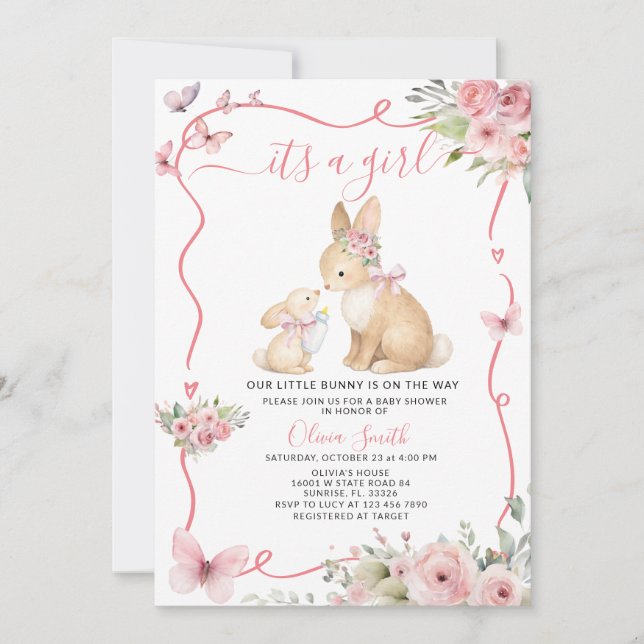 It's a Girl Bunny Baby Shower Pink Floral Invitation (Front)