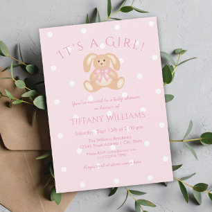 It's a Girl Bunny Rabbit Pastel Pink Baby Shower Invitation