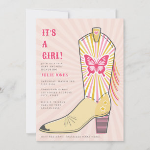 It's A Girl Butterfly Cowboy Boot Baby Shower Invitation
