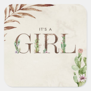 It's A Girl Cactus Leather Baby Shower Square Sticker