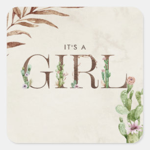 It's A Girl Cactus Leather Baby Shower Square Sticker