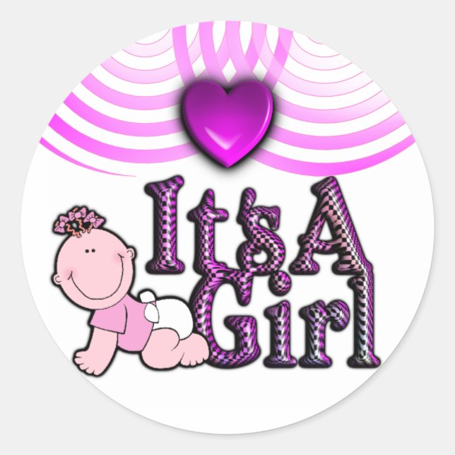 It's A Girl Checked Pink Text w/Baby Sticker Sheet (Front)