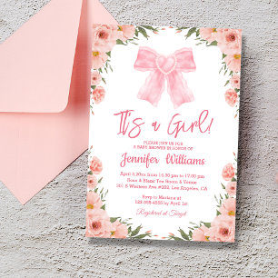 it's a girl ,chic pink bow floral baby shower   invitation