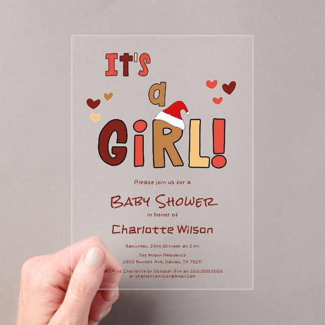 It's a Girl! Christmas Santa Hat Baby Shower Acrylic Invitations (Insitu (Handheld))