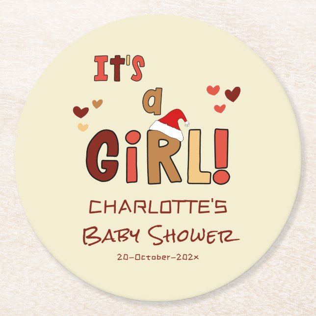 It's a Girl! Christmas Santa Hat Baby Shower Round Paper Coaster (Front)