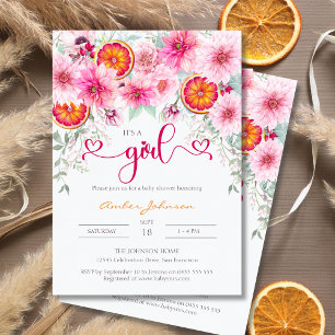 It's A Girl Citrus Pink Floral Cute Baby Shower Invitation