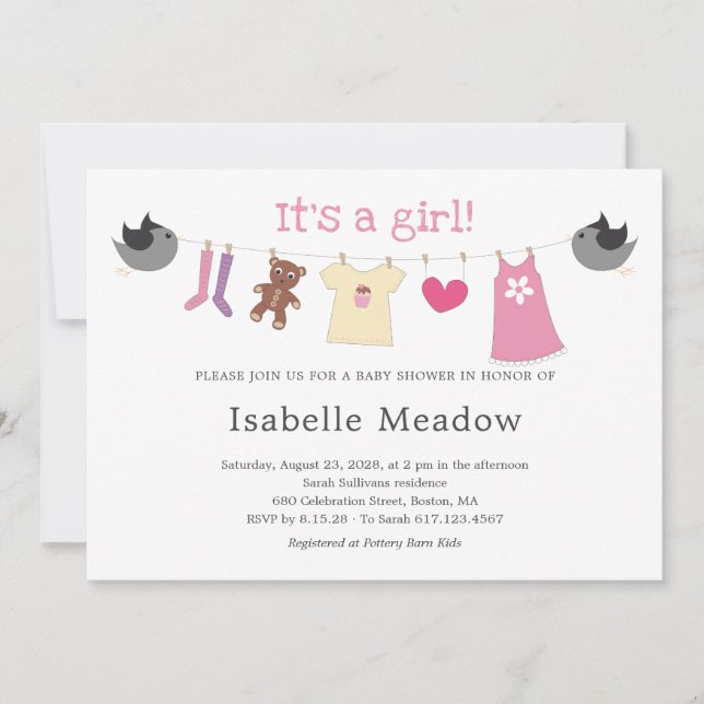 It's A Girl Clothesline Baby Shower Invitation (Front)