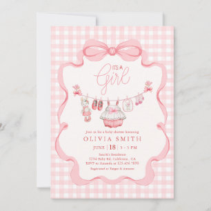 It's a Girl Clothesline Pink Bow Baby Shower Invitation