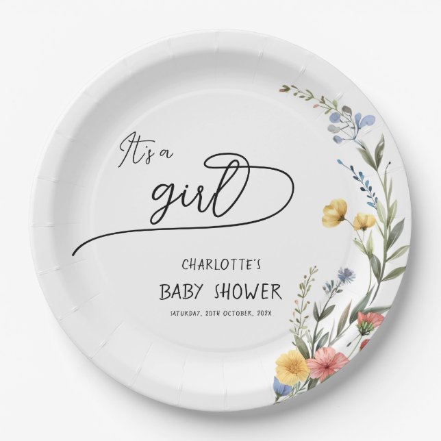 It's a Girl! Colourful Wildflower Baby Shower Paper Plate (Front)