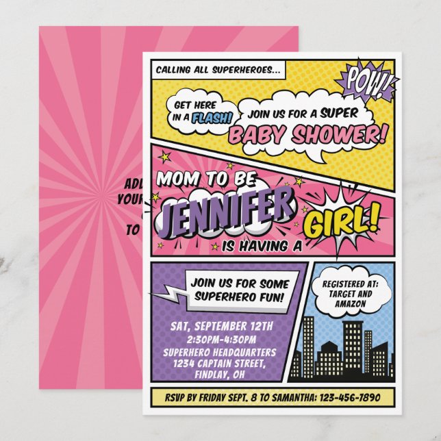 Its A Girl Comic Book Superhero Baby Shower Invitation (Front/Back)