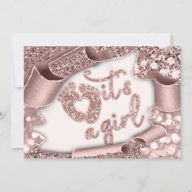  It's A Girl Custom New Baby Rose Feet Glitter Inv Invitation (Back)