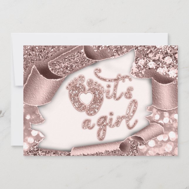  It's A Girl Custom New Baby Rose Feet Glitter Invitation (Back)