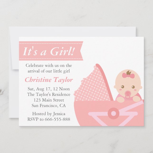 Its a Girl Cute Baby Girl in Stroller Baby Shower Invitation (Front)