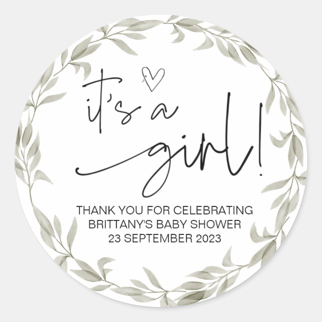  It's a Girl Cute Baby Shower Favour Greenery Classic Round Sticker (Front)