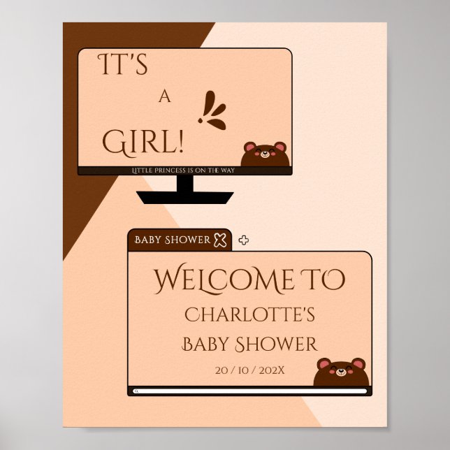 It's A Girl! Cute Bear Computer Screen Baby Shower Poster (Front)