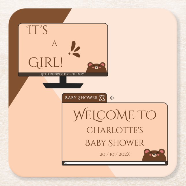 It's A Girl! Cute Bear Computer Screen Baby Shower Square Paper Coaster (Front)
