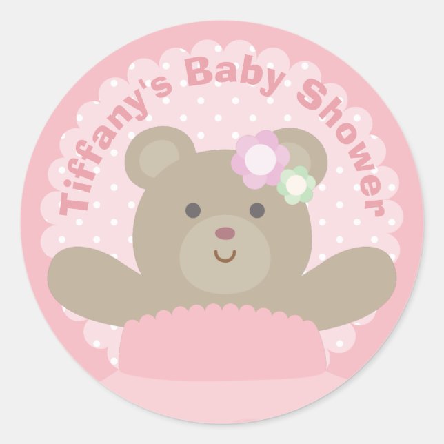 It's a Girl Cute Bear Cub Elegant Pink Baby Shower Classic Round Sticker (Front)