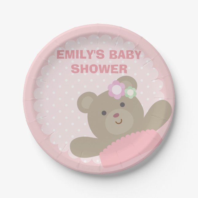 It's a Girl Cute Bear Cub Elegant Pink Baby Shower Paper Plate (Front)