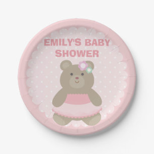 It's a Girl Cute Bear Cub Elegant Pink Baby Shower Paper Plate