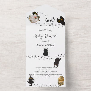 It's a Girl! Cute Black Cat and Book Baby Shower All In One Invitation