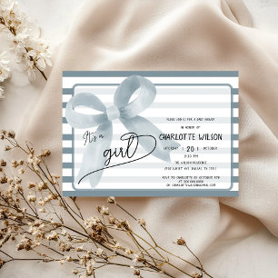 It's a Girl Cute Blue Bow Stripes Baby Shower Invitation