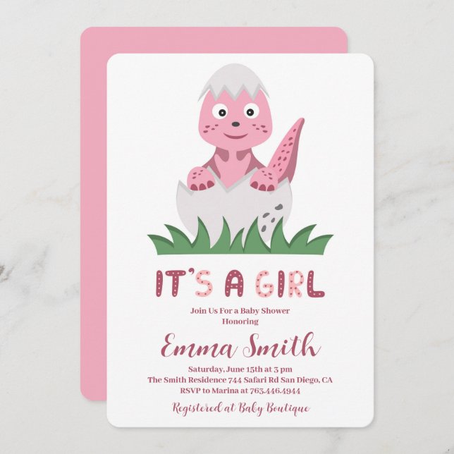 It's a Girl Cute Dinosaur Baby Shower Invitation (Front/Back)