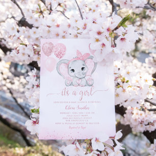 It's a Girl Cute Elephant & Balloon Baby Shower Invitation