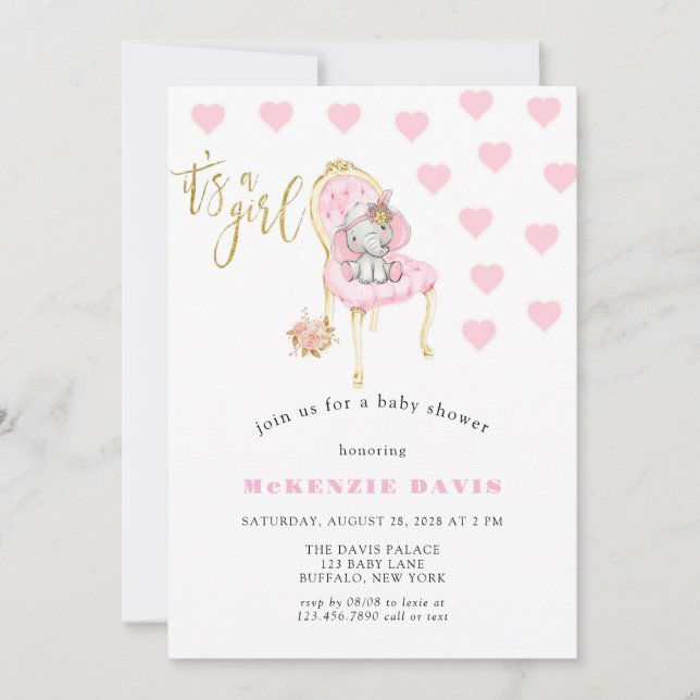 It's a Girl Cute Elephant Girl Baby Shower Invitation (Front)
