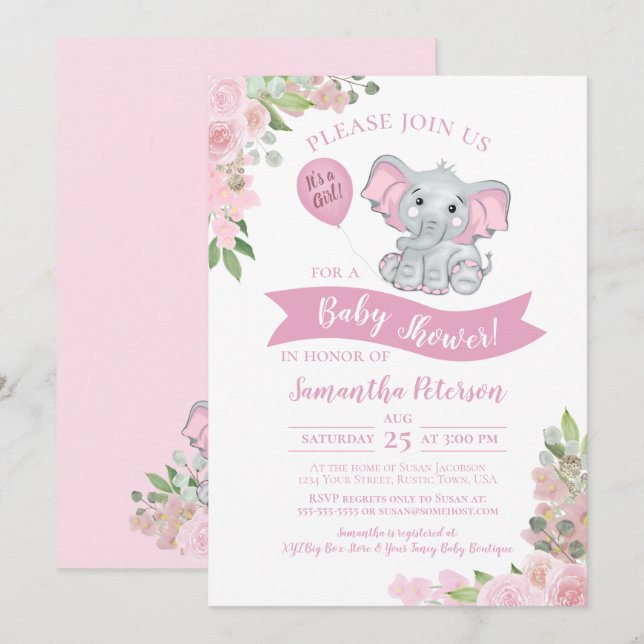 It's a Girl! Cute Elephant Pink Floral Baby Shower Invitation (Front/Back)