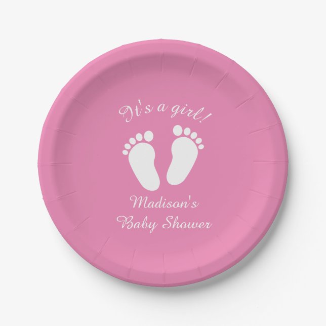 It's a girl cute footprints baby shower party paper plate (Front)