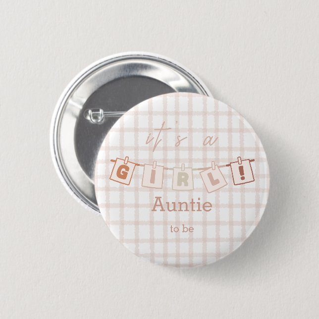 It's a Girl Cute Gingham Notedry Auntie-to-be 6 Cm Round Badge (Front & Back)