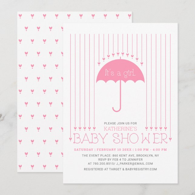 It's a girl | Cute Hearts & Umbrella Baby Shower Invitation (Front/Back)
