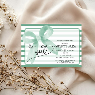 It's a Girl Cute Mint Bow Stripes Baby Shower Invitation