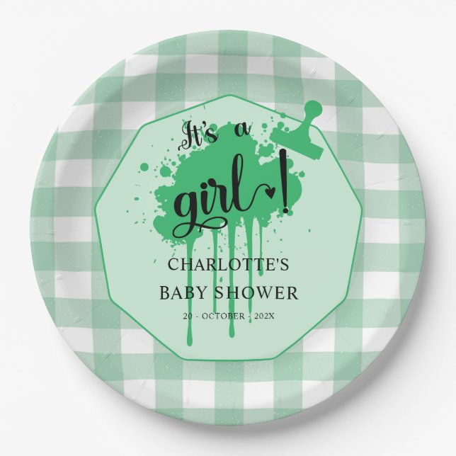 It's a Girl Cute Pastel Green Gingham Baby Shower Paper Plate (Front)