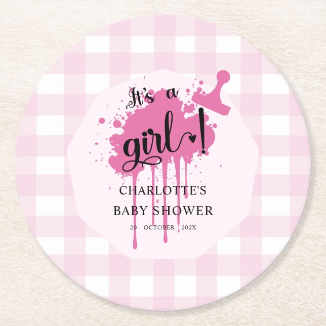 It's a Girl Cute Pastel Pink Gingham Baby Shower Round Paper Coaster (Front)