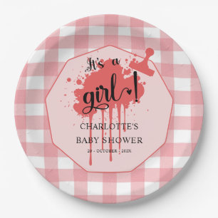 It's a Girl Cute Pastel Red Gingham Baby Shower Paper Plate