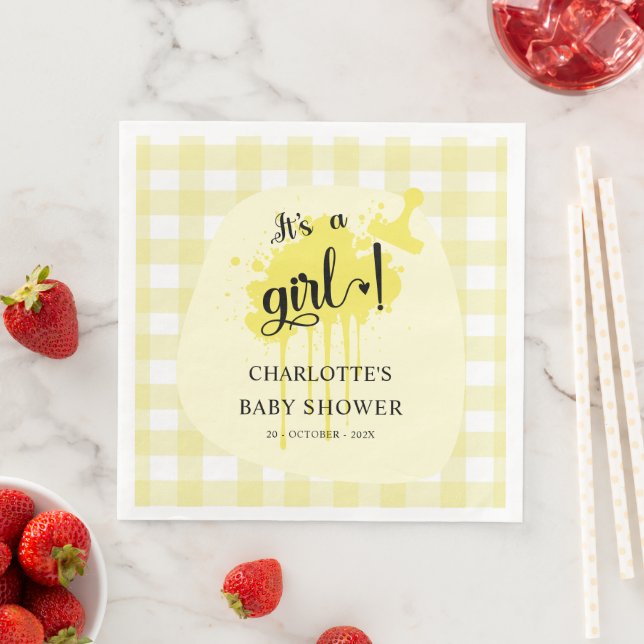 It's a Girl Cute Pastel Yellow Gingham Baby Shower Napkin (Insitu)