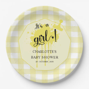 It's a Girl Cute Pastel Yellow Gingham Baby Shower Paper Plate