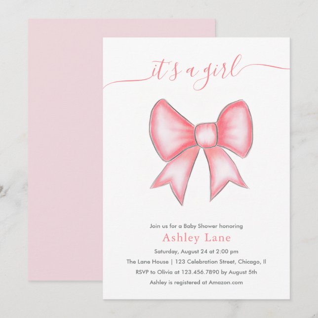 It's a girl Cute Pink Bow Baby Shower Invitation (Front/Back)