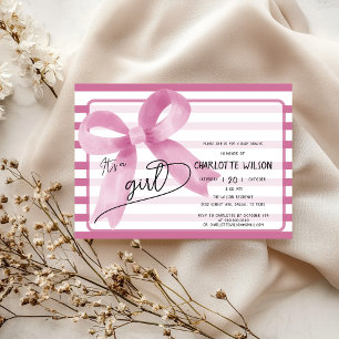 It's a Girl Cute Pink Bow Stripes Baby Shower Invitation