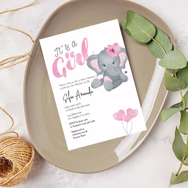 It's a Girl Cute Pink Elephant Baby Shower Invitation (Creator Uploaded)