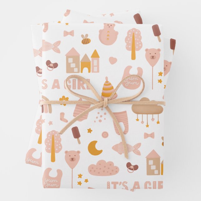 Its a girl. Cute pink toy pattern baby shower  Wrapping Paper Sheet (In situ)