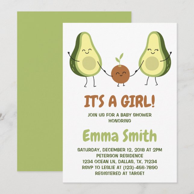 It's a Girl Cute Plaid Avocado Baby Shower Invitation (Front/Back)