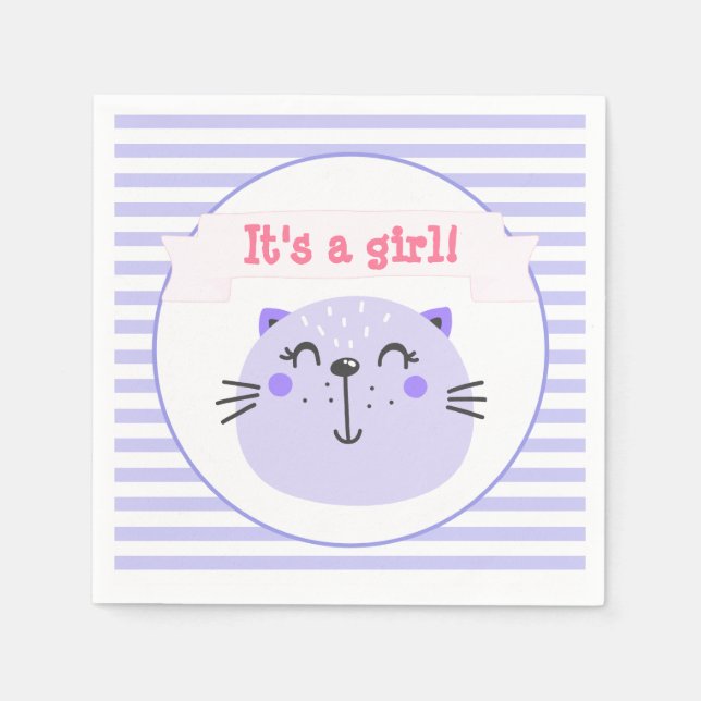 It's a girl | Cute Purple Cat | Baby Shower Napkin (Front)