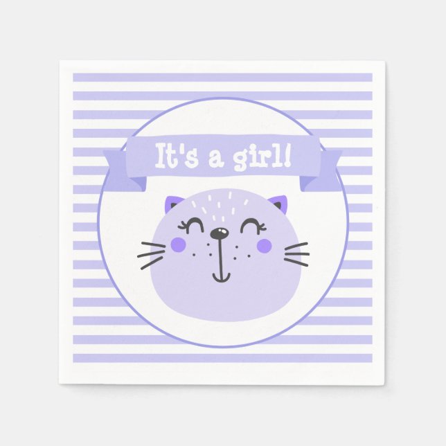 It's a girl | Cute Purple Cat | Baby Shower Napkin (Front)