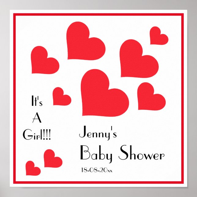 It's A Girl! - Cute Red Hearts Custom Baby Shower Poster (Front)