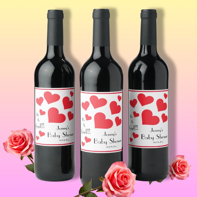 It's A Girl! - Cute Red Hearts Custom Baby Shower Wine Label (Just Adorable!)