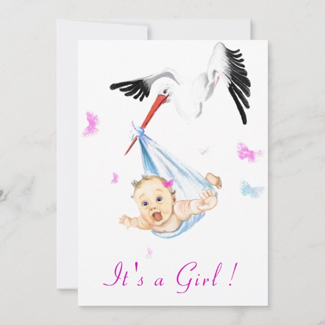 It's a Girl Cute Stork Baby Girl Shower Invitation (Back)