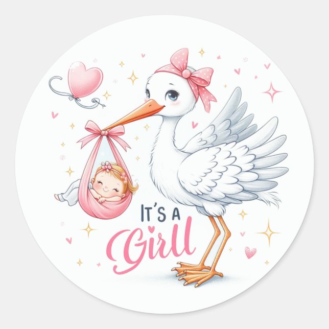 It's a Girl Cute Stork Carrying Baby Girl Classic Round Sticker (Front)